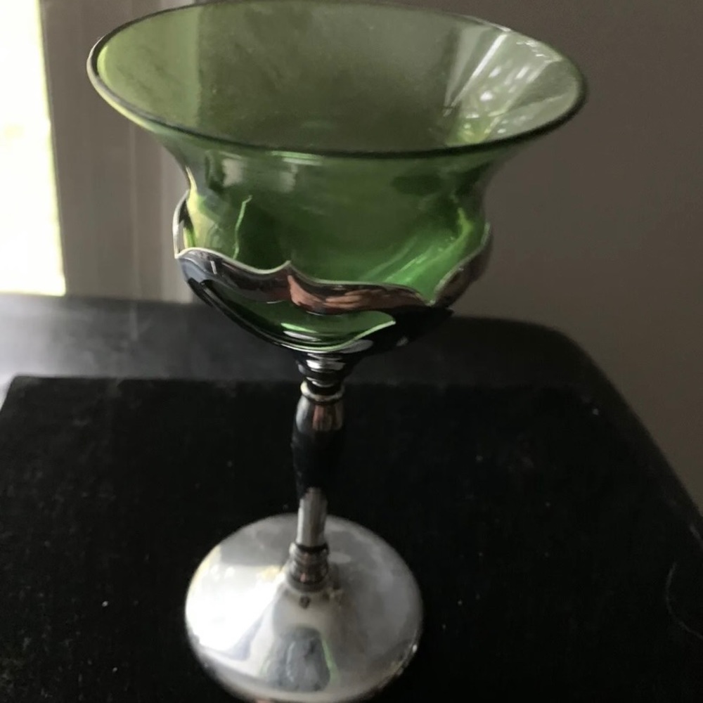 Early 30’s Cambridge Glass & Fabre Bros. Green & Chrome Goblet